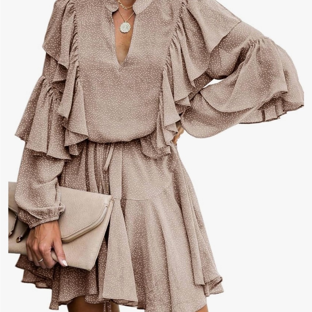 Tan Plunge Neck Ruffled Tiered Dress